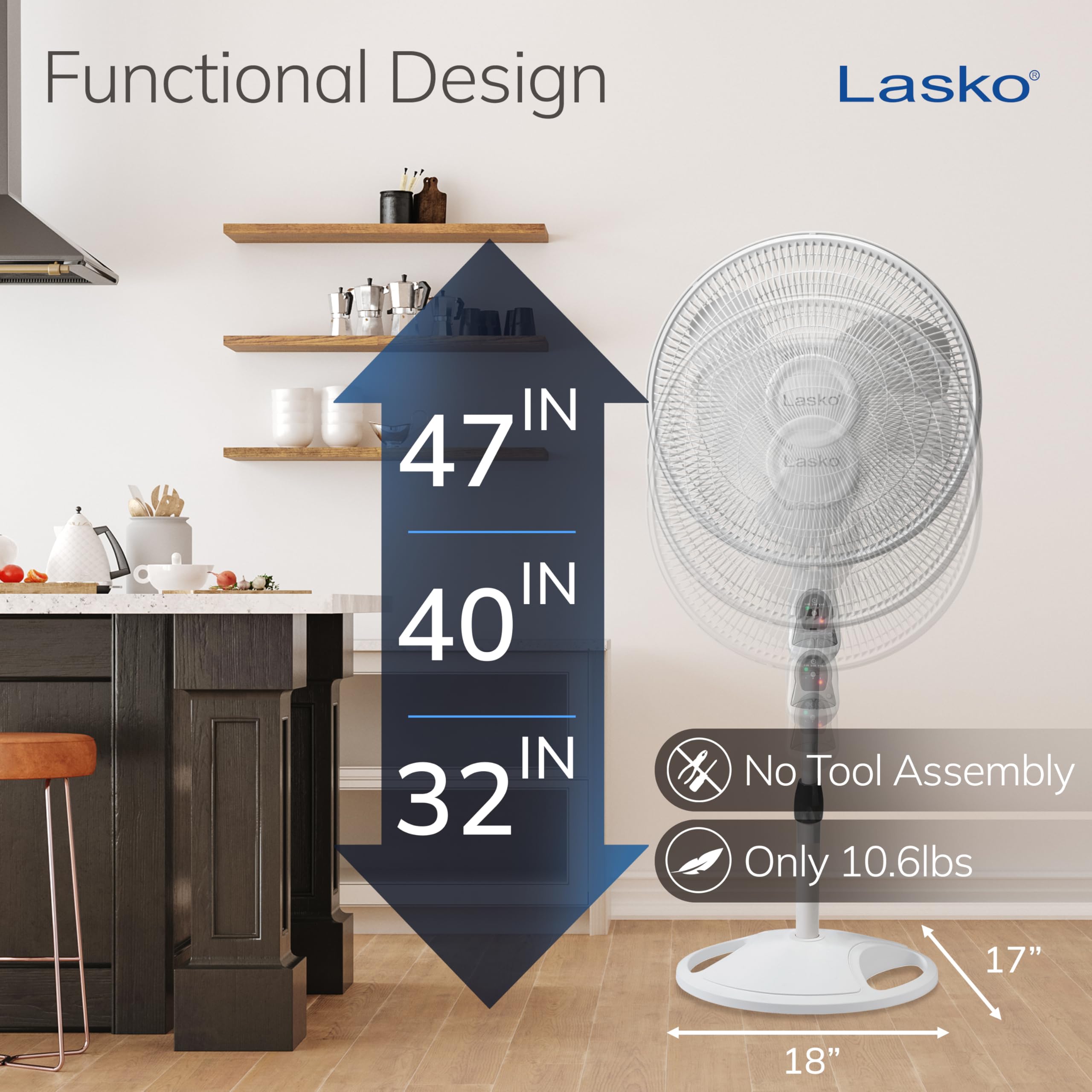 Lasko pedestal ajustable mostrando rango de altura y versatilidad