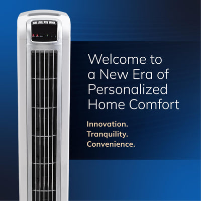 Lasko fan next to chair to show 36 inch height and room scale benefit