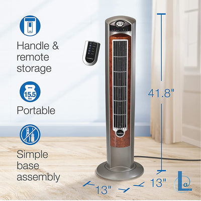 Lasko tower fan grill close-up showing bladeless texture for even breeze