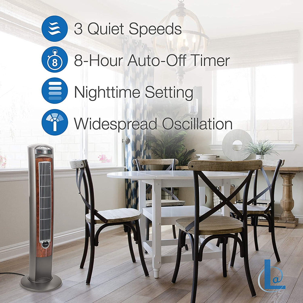 Lasko tower fan in bedroom lifestyle creating quiet cooling while sleeping