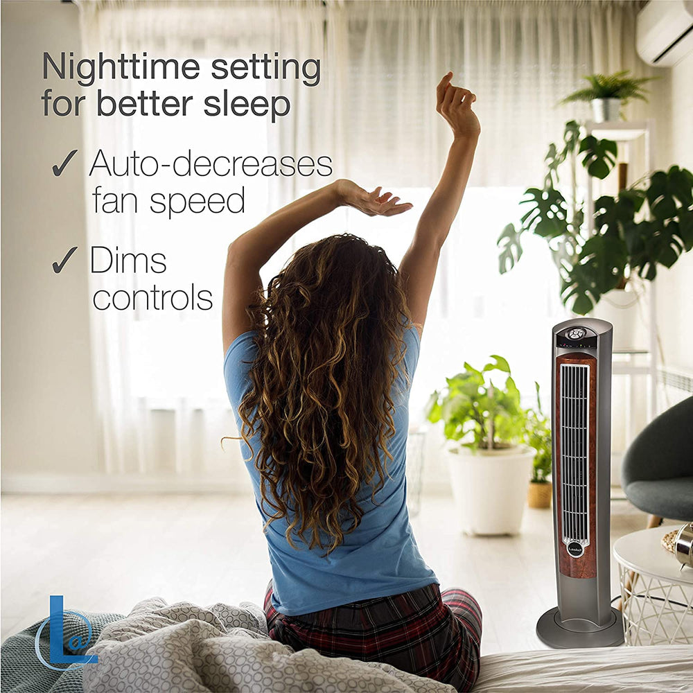 Lasko tower fan in home office providing steady airflow for work comfort