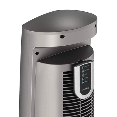 Lasko tower fan side profile demonstrating 60-degree oscillation for coverage