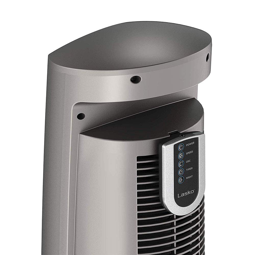 Lasko tower fan side profile demonstrating 60-degree oscillation for coverage