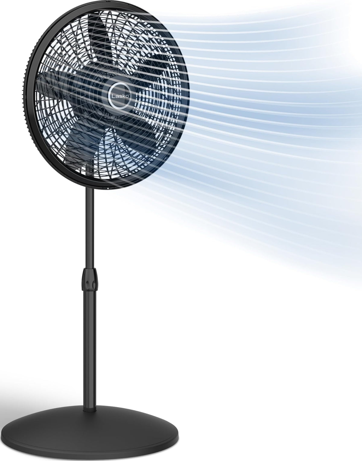 Lasko ventilador de pedestal frente mostrando diseño compacto y elegante