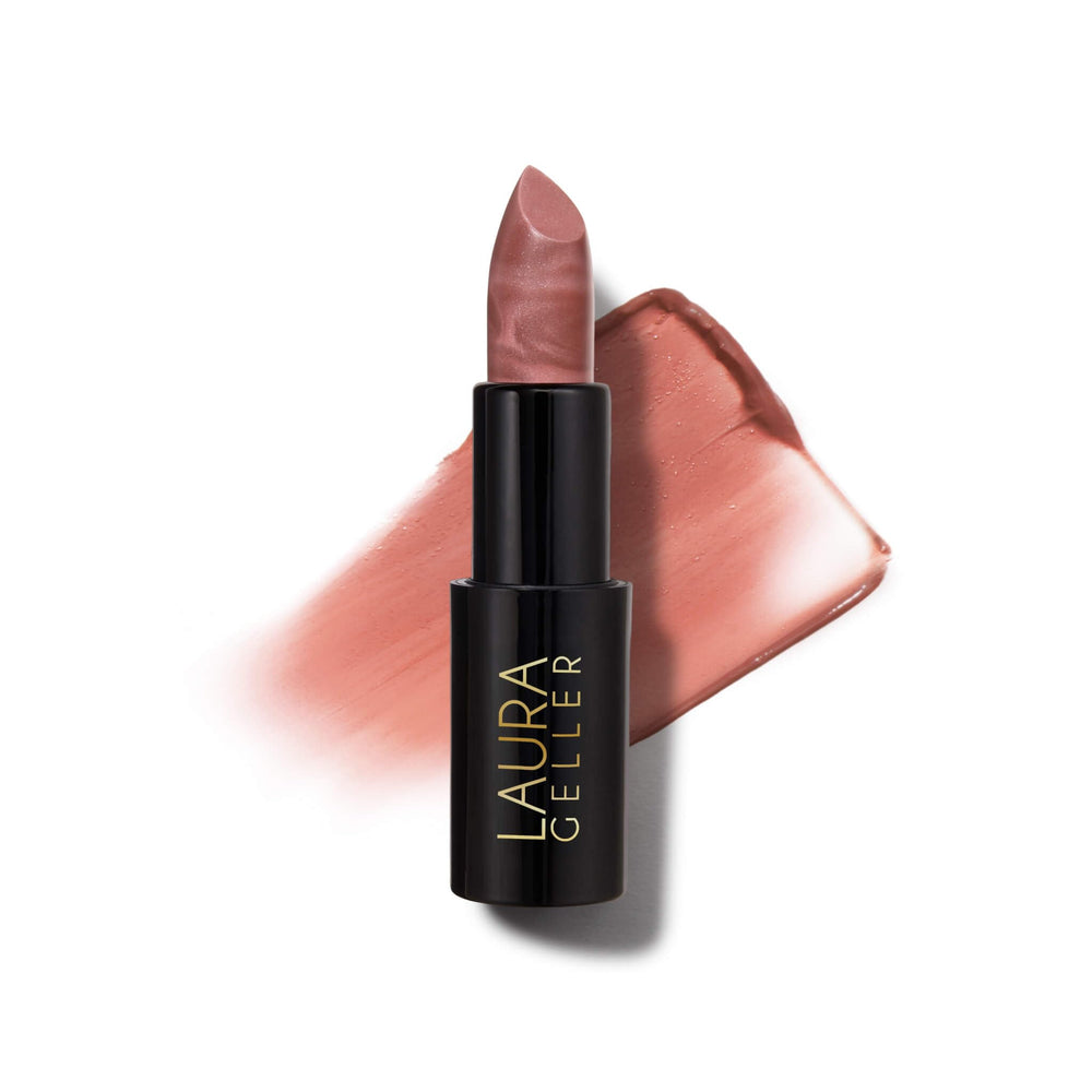 LAURA GELLER presentación frontal del labial Prego mostrando el packaging y color beneficioso