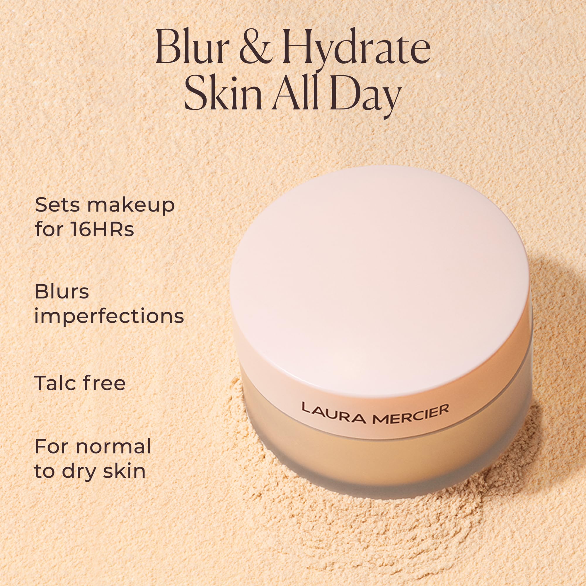Brush picking up Laura Mercier powder, illustrating easy application and control