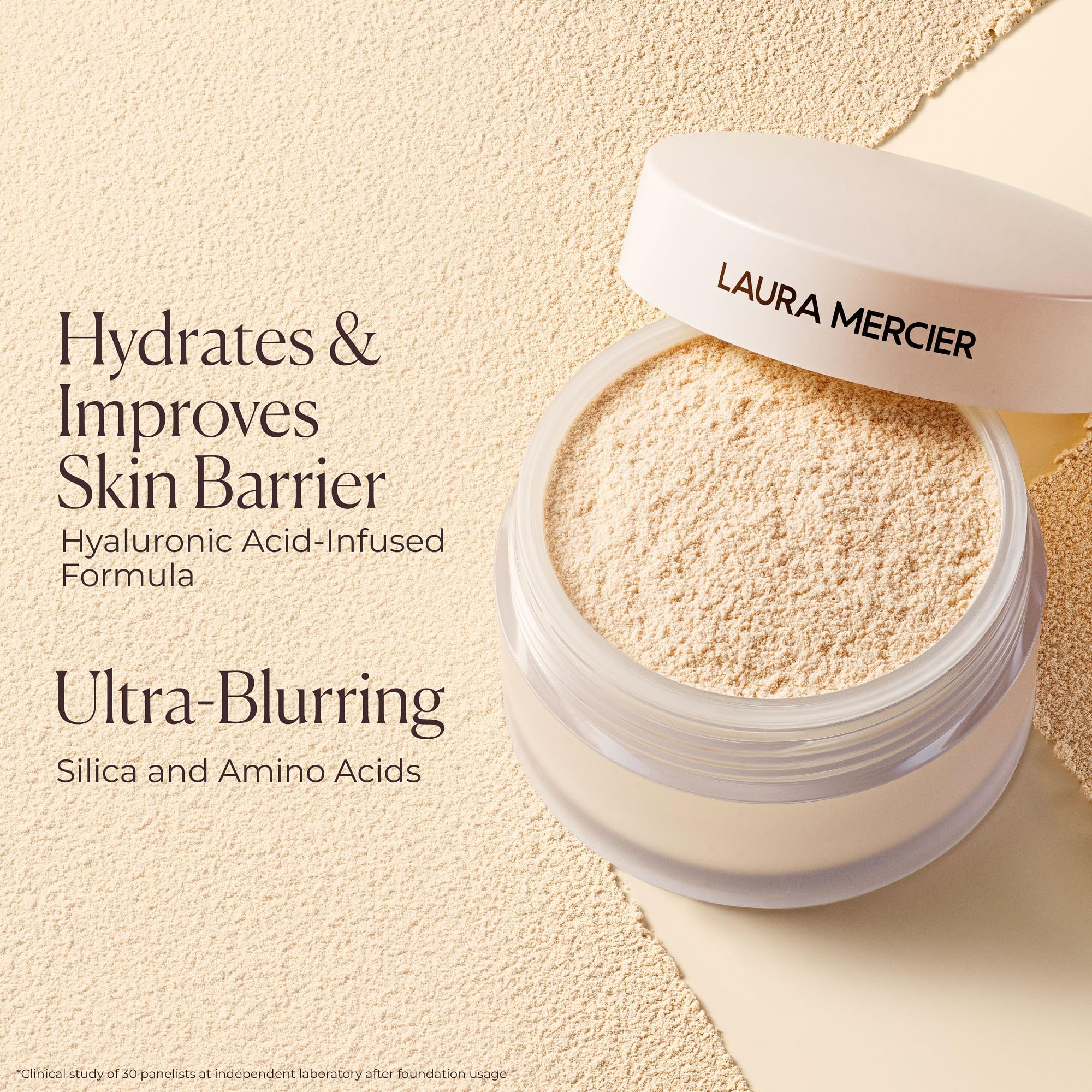 Laura Mercier jar beside common objects to show size and travel-friendly benefit