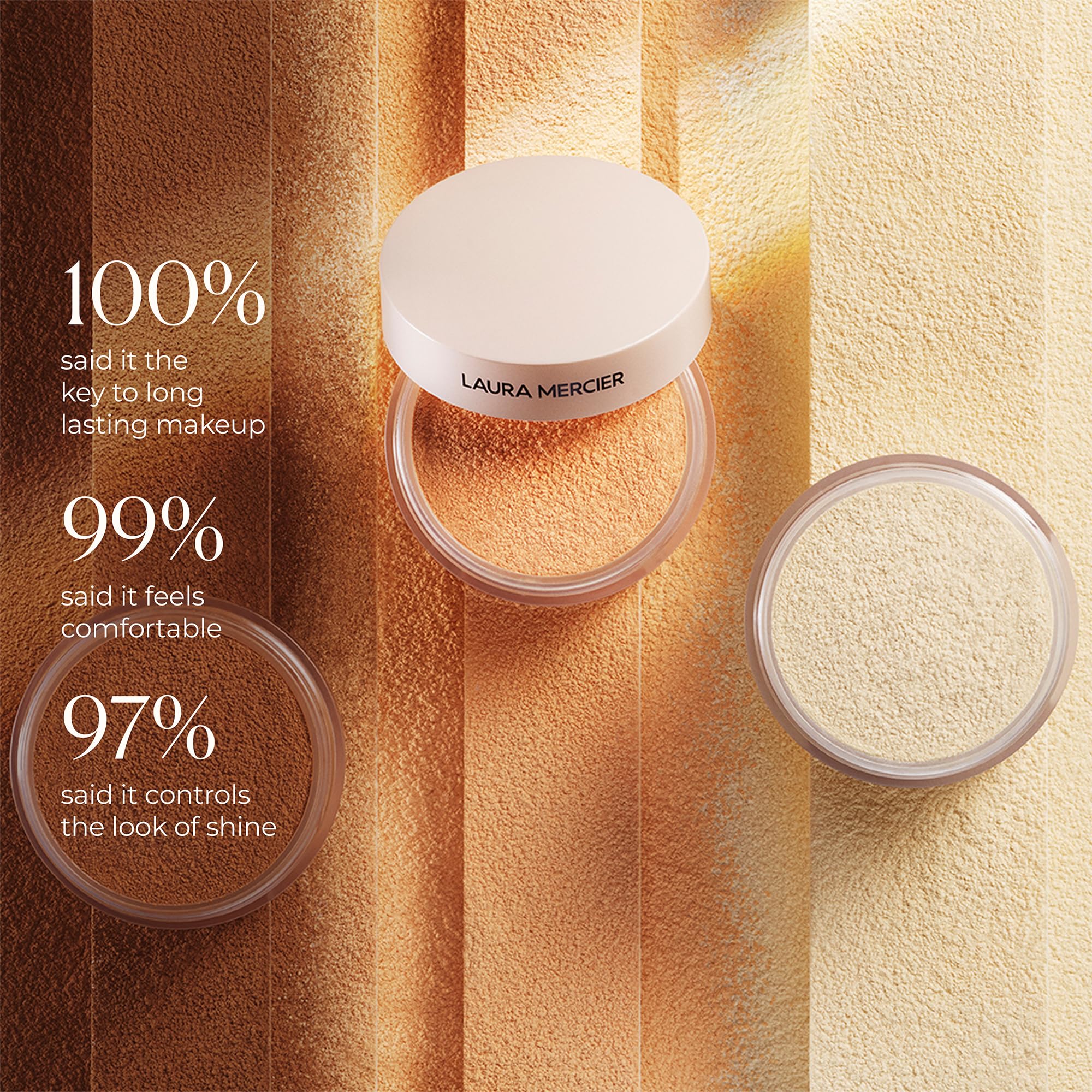 Model applying Laura Mercier powder on face for natural long-wear finish