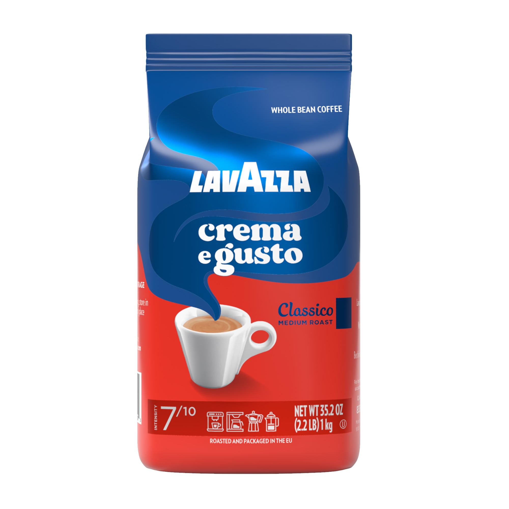 Lavazza front packaging showing 2.2 lb bag and brand benefits