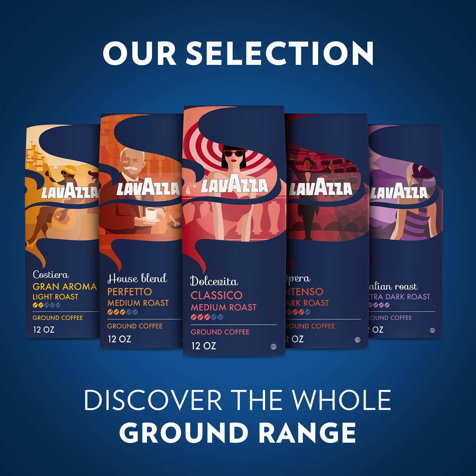 Lavazza Dolcevita bolsas apiladas indicando ahorro y almacenamiento práctico