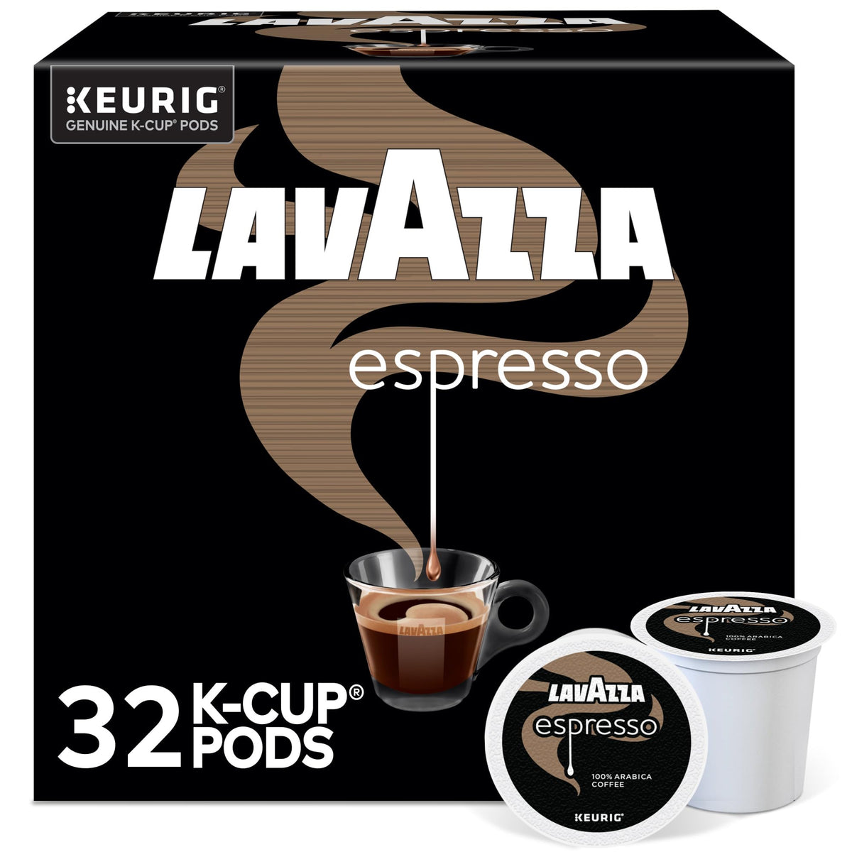 Lavazza box front view showing brand and count, convenient single-serve benefit