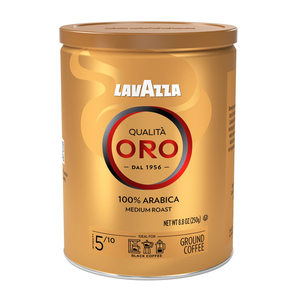 Lavazza Qualità Oro frente de la lata mostrando diseño y conservación