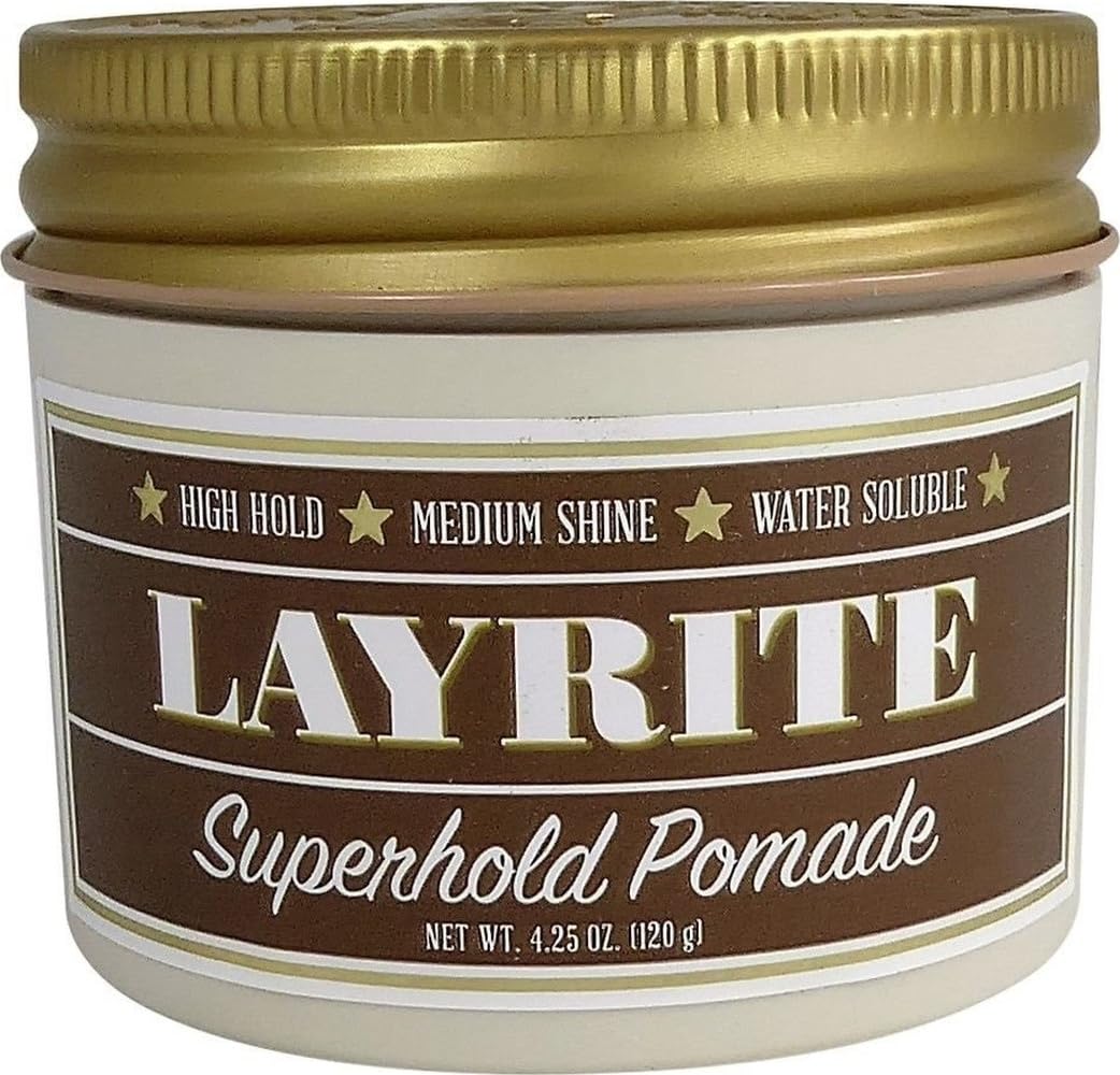Layrite Superhold Pomade vista frontal del envase mostrando fijación fuerte y aroma