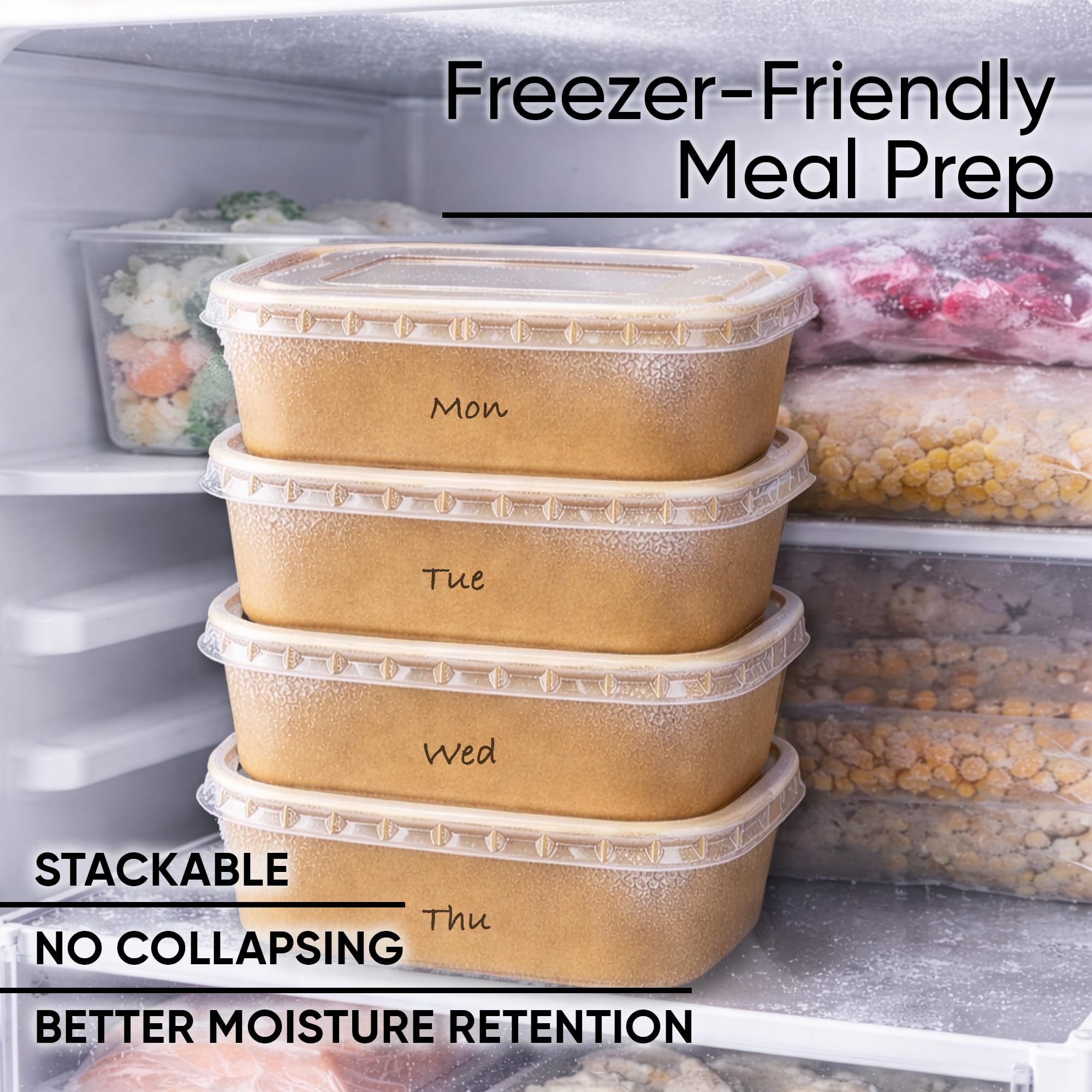 Leafiew bowls stacked in freezer for organized meal prep and space saving