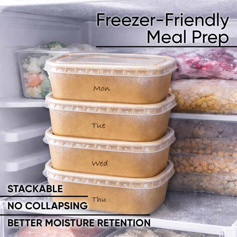 Leafiew bowls stacked in freezer for organized meal prep and space saving