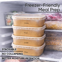 Leafiew bowls stacked in freezer for organized meal prep and space saving