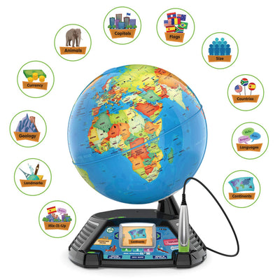 LeapFrog family interacting with globe, encourages cooperative discovery