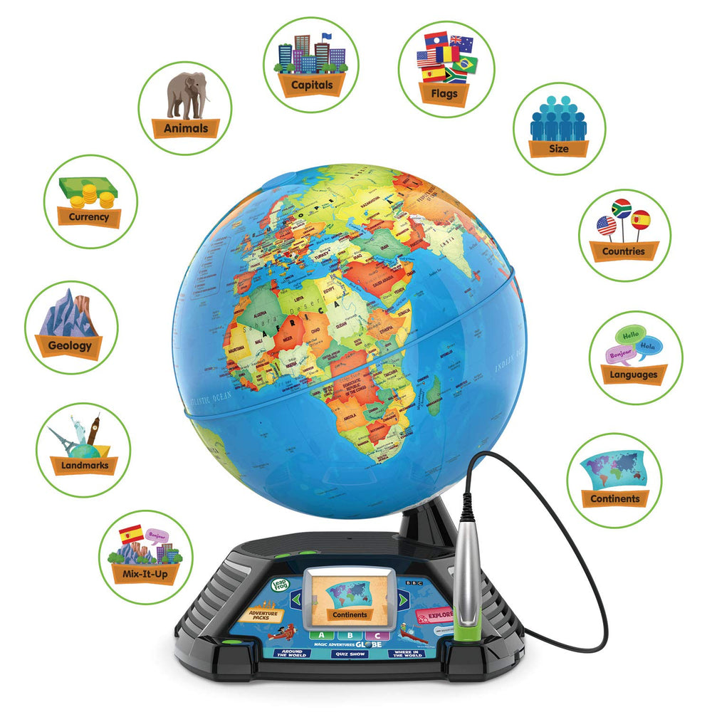 LeapFrog family interacting with globe, encourages cooperative discovery