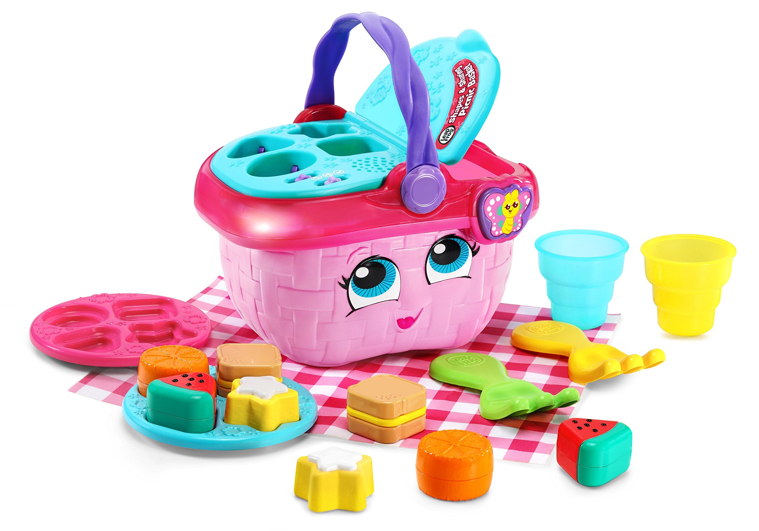 LeapFrog picnic basket front view showing pink design and lights, ready to play