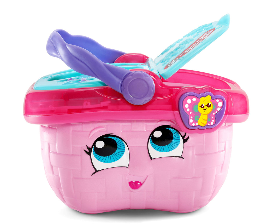 LeapFrog basket open with 15 play pieces visible, promoting tidy storage