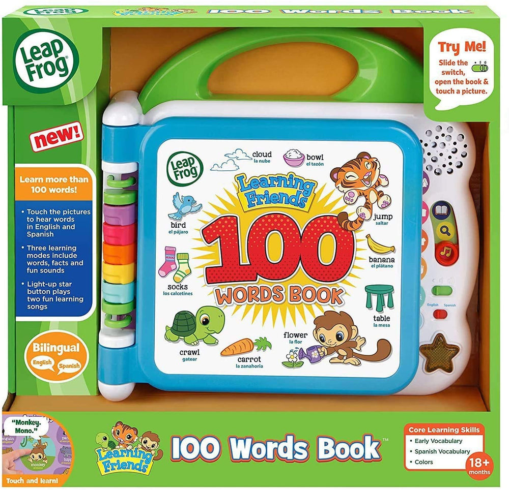 LeapFrog familia usando el libro en modo bilingüe para practicar vocabulario
