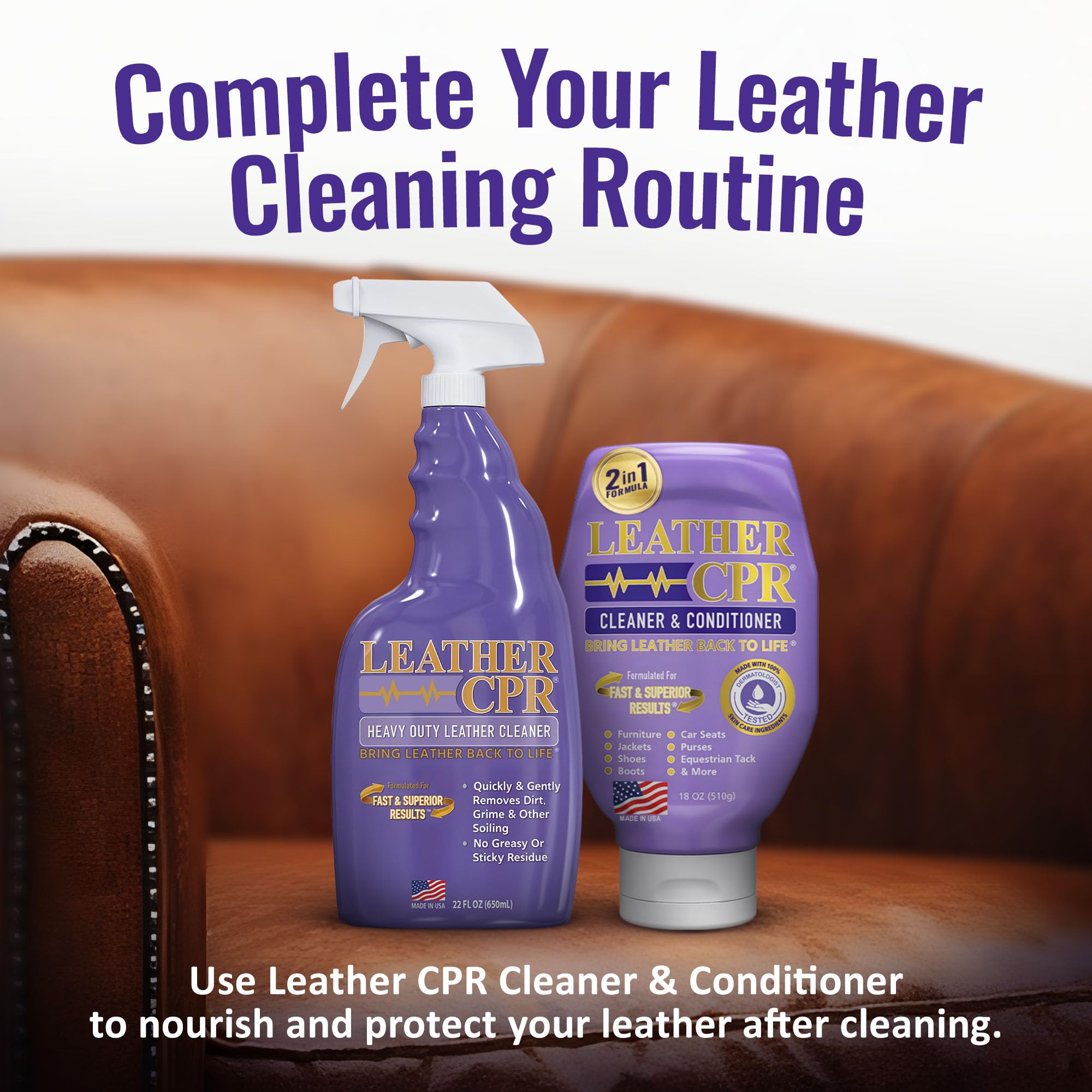 Leather CPR antes y después en sofá mostrando renovación del cuero