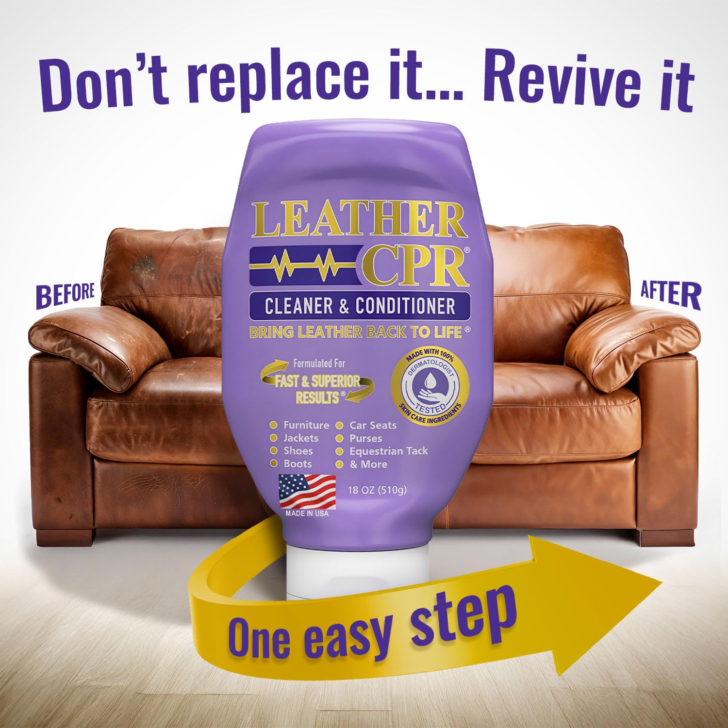 Leather CPR etiqueta con instrucciones visibles y beneficios del producto