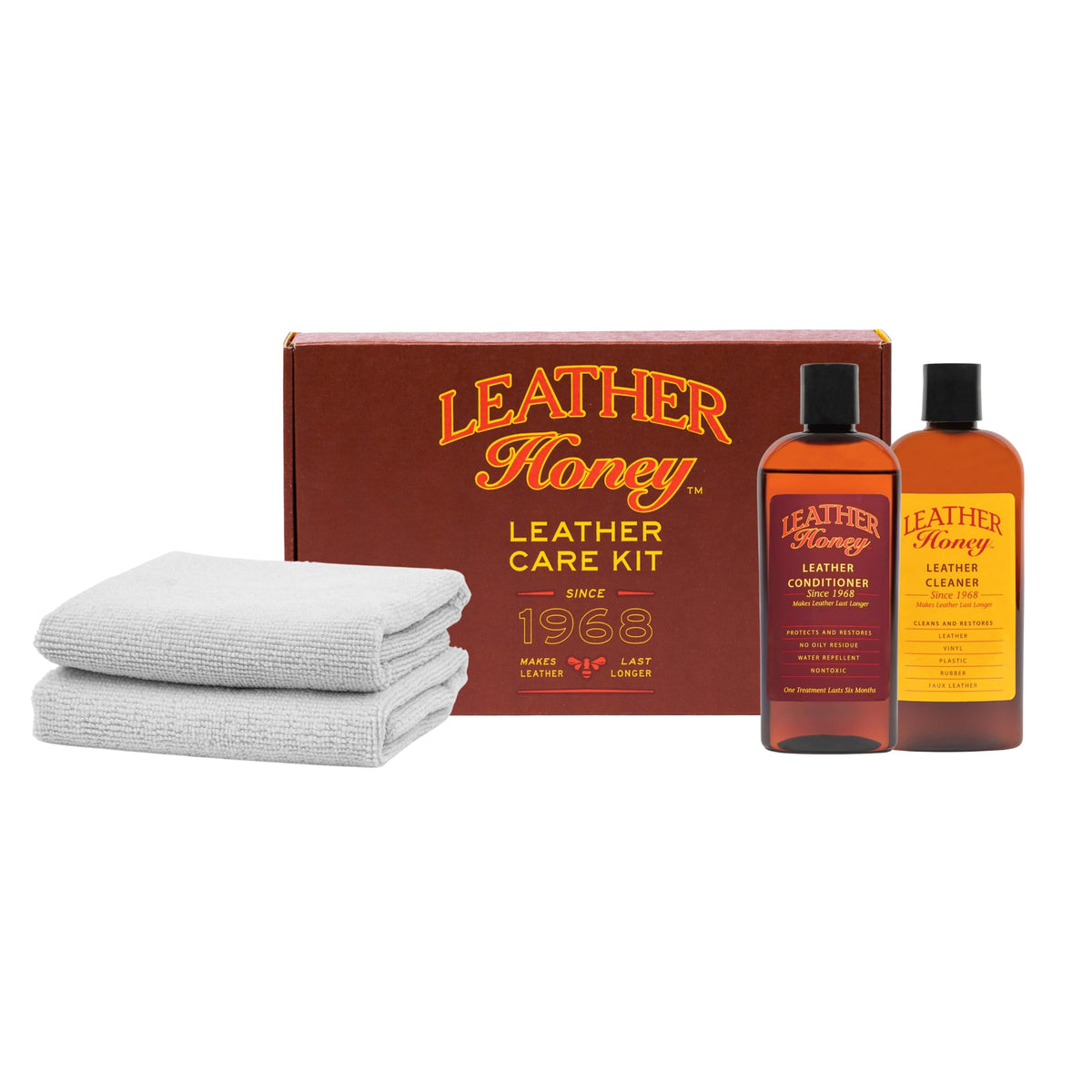 Leather Honey front packaging showing complete kit and benefit of all-in-one care
