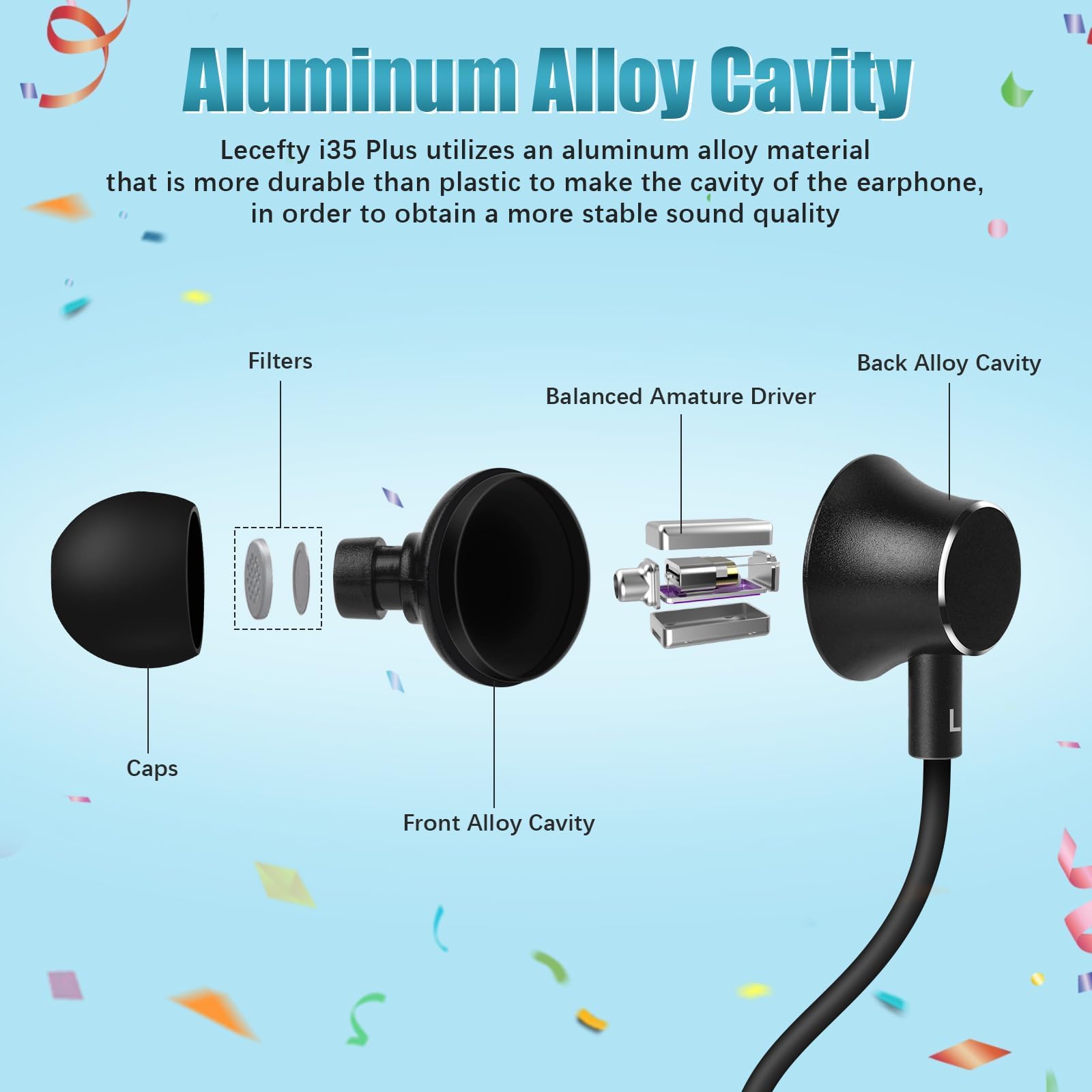 Lecefty earbud close-up revealing balanced armature driver and precise audio build