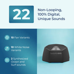 LectroFan EVO side controls detail showing tactile buttons and precise volume benefit