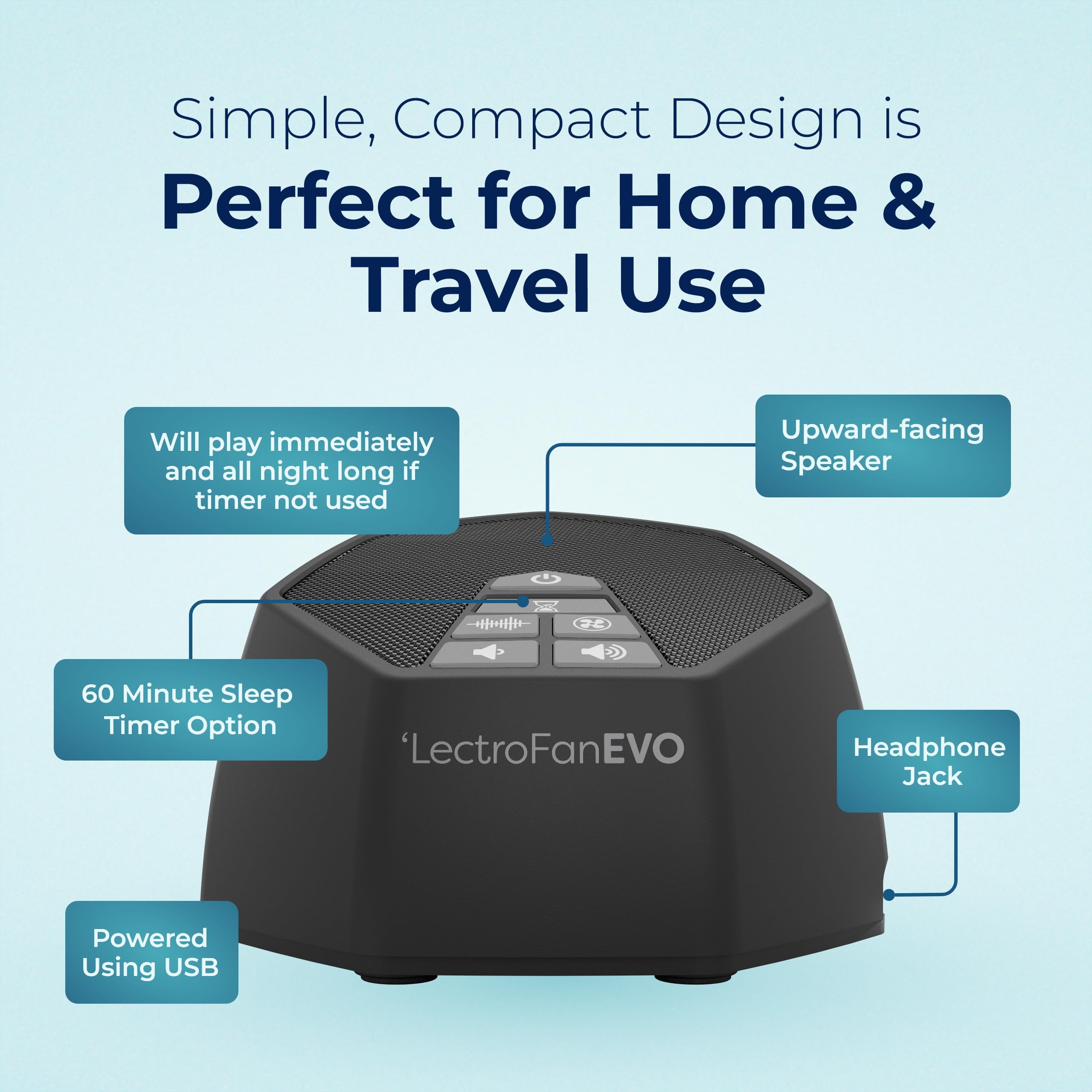 LectroFan EVO size scale next to book showing compact dimensions and suitcase-friendly benefit