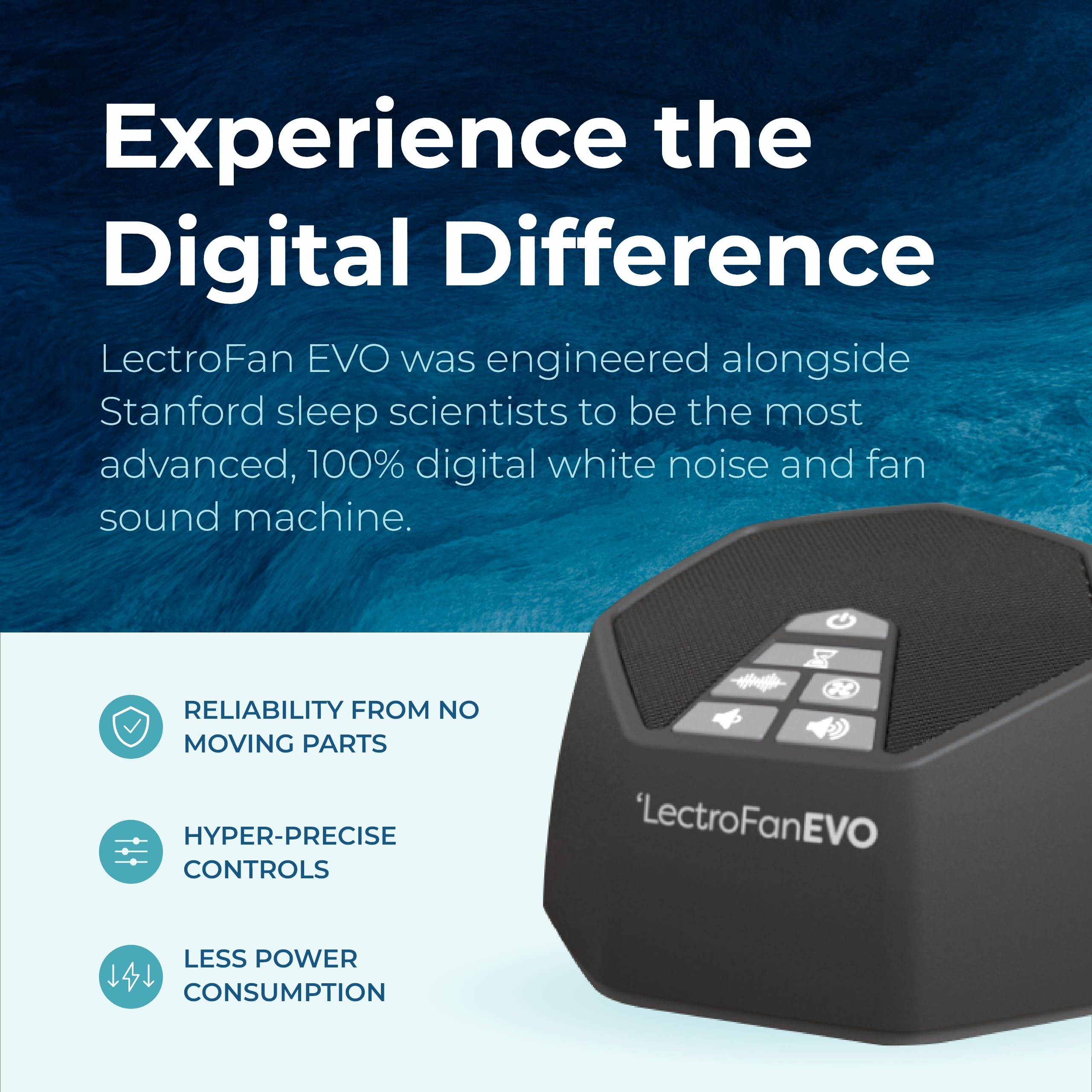 LectroFan EVO top speaker grille closeup highlighting upward-facing sound dispersion benefit