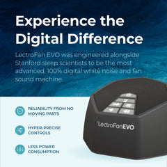 LectroFan EVO top speaker grille closeup highlighting upward-facing sound dispersion benefit