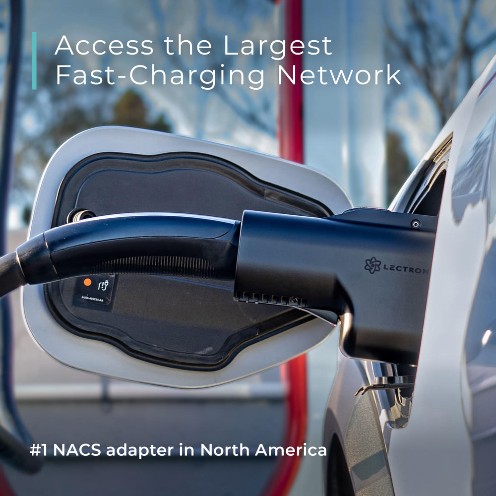 Lectron lifestyle shot: EV charging at highway Supercharger showing real-world use
