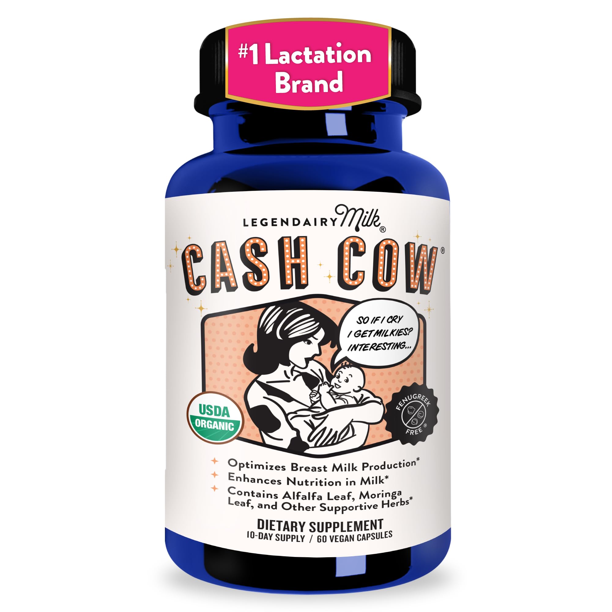 Legendairy Milk frasco Cash Cow frente mostrando etiqueta orgánica y beneficio