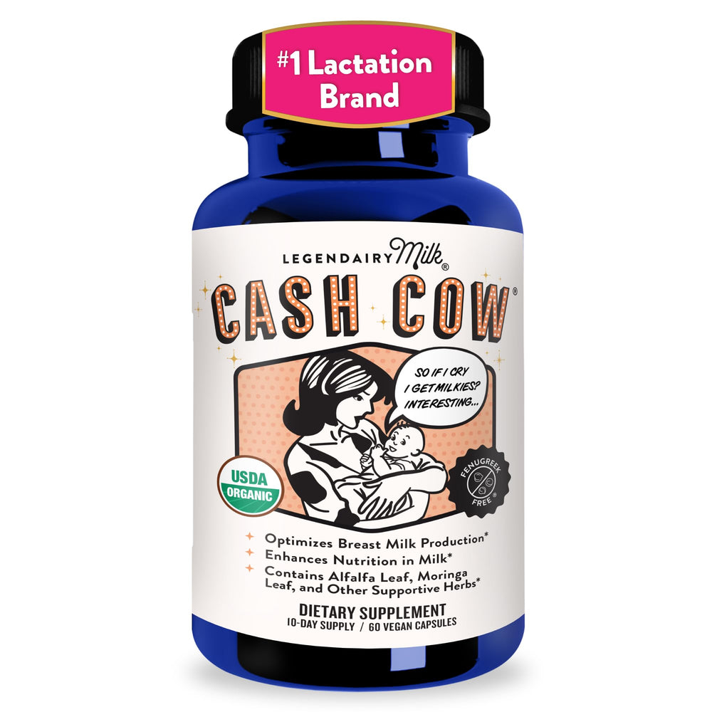 Legendairy Milk frasco Cash Cow frente mostrando etiqueta orgánica y beneficio