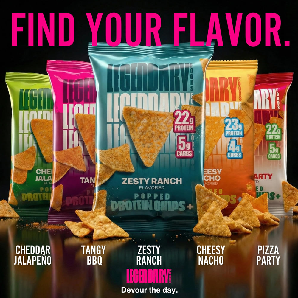 Legendary Foods jalapeño y chips juntos destacando el sabor picante y cheddar