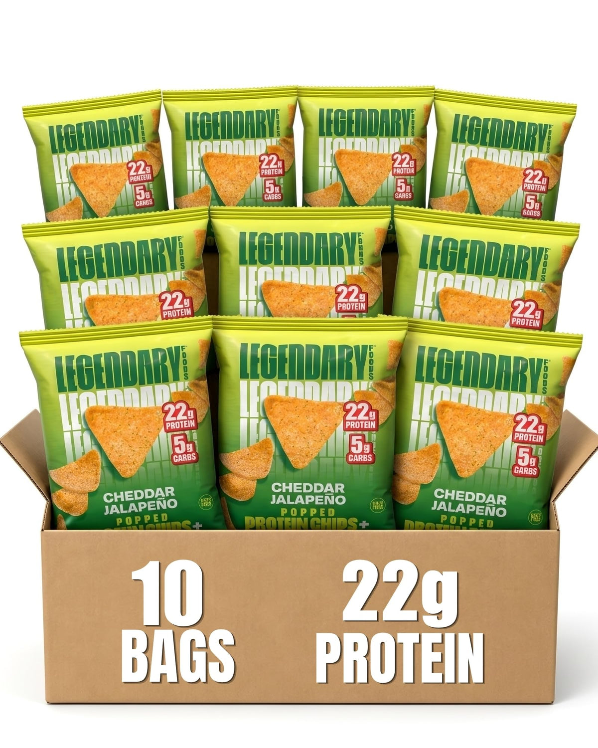 Legendary Foods frente del paquete mostrando 22g proteína y sabor cheddar jalapeño