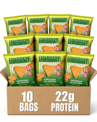 Legendary Foods frente del paquete mostrando 22g proteína y sabor cheddar jalapeño