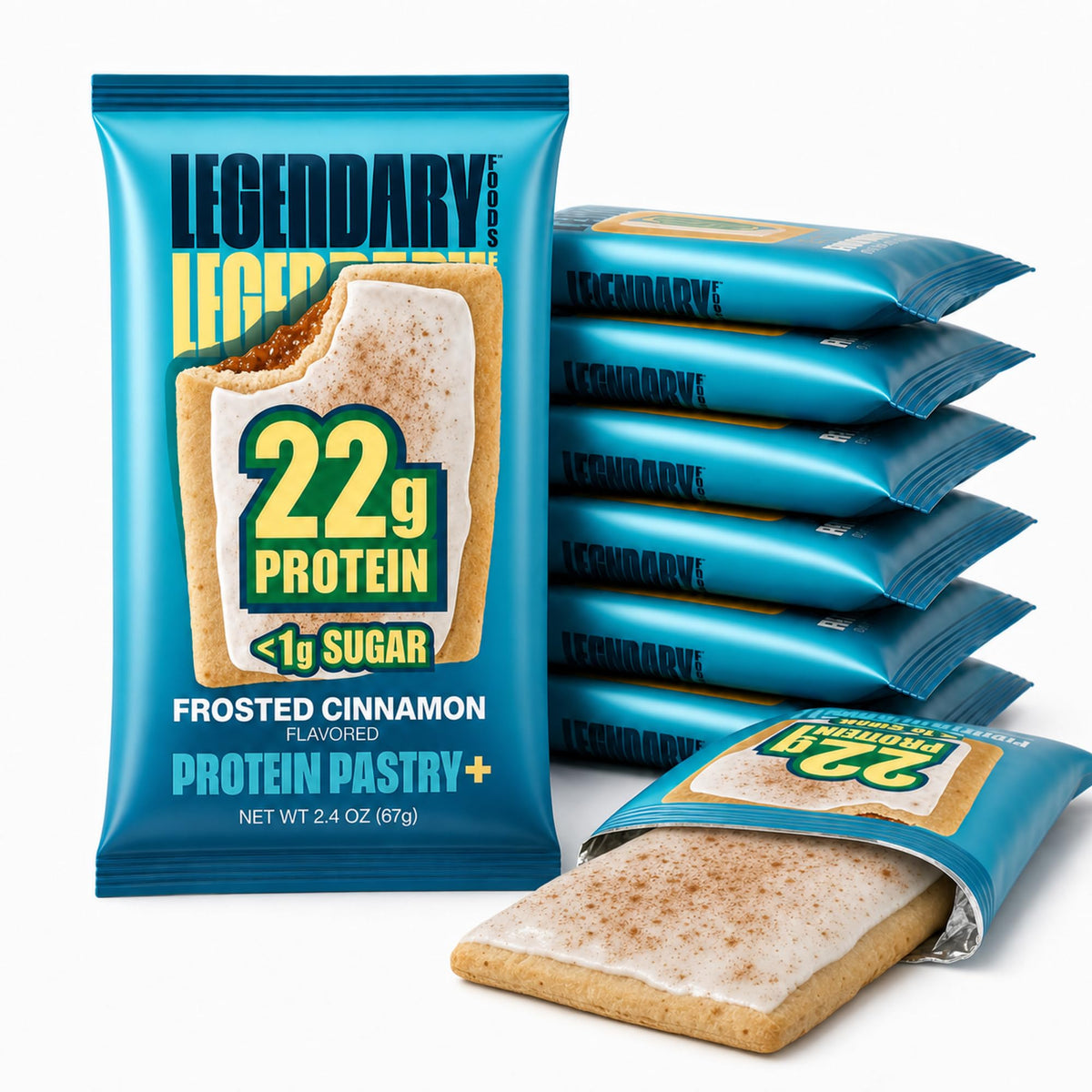 Legendary Foods pastel canela frontal mostrando diseño y conveniencia