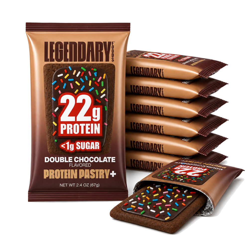 Legendary Foods pastelito frontal mostrando doble chocolate y porte práctico