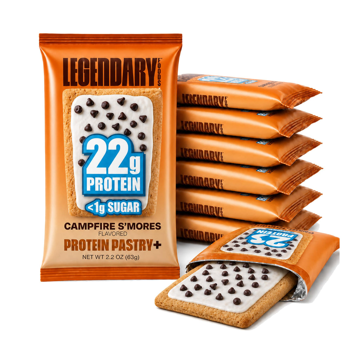 Legendary Foods empaque frontal que muestra sabor Campfire S'mores y beneficio proteico