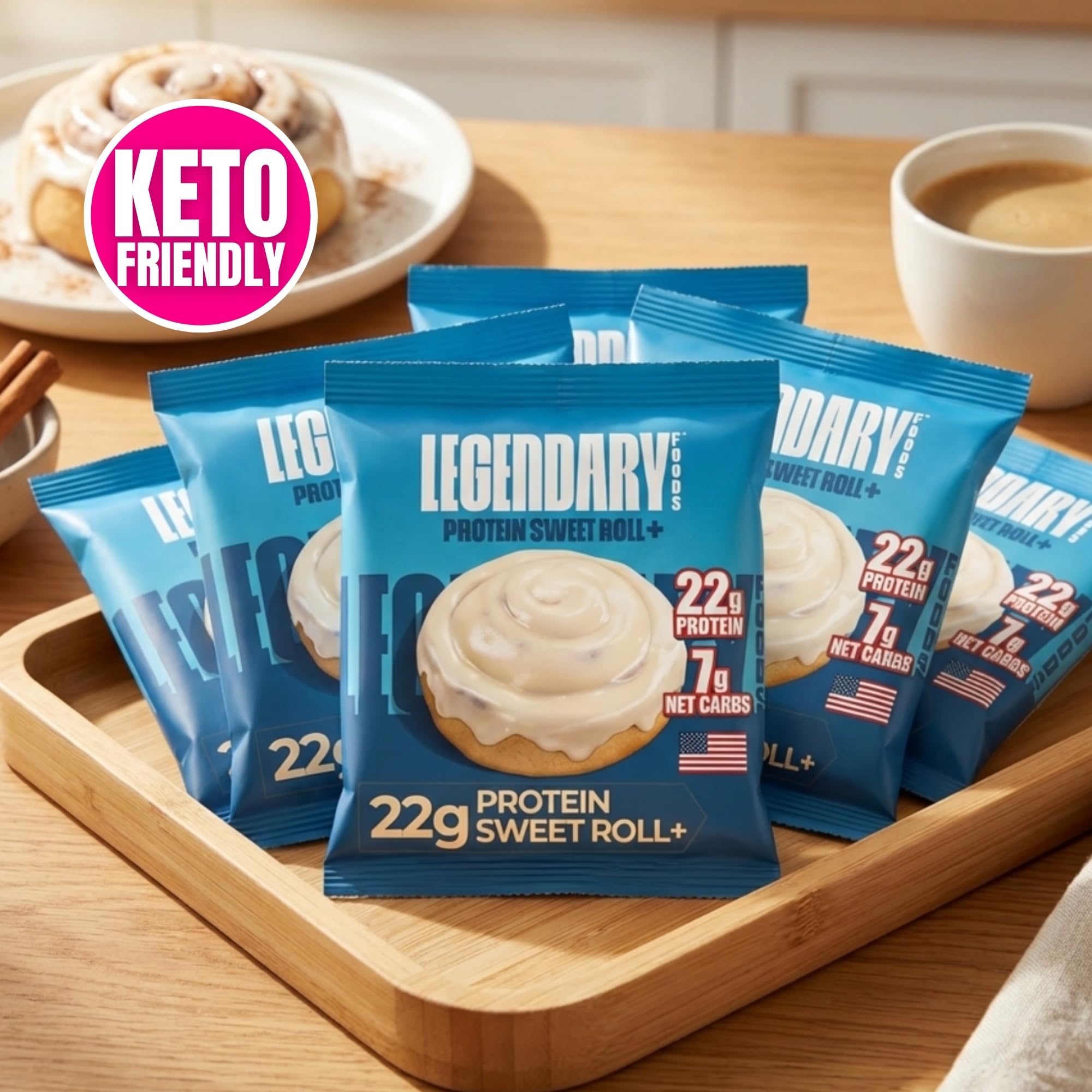 Legendary Foods barra en mesa de desayuno, alternativa baja en carbohidratos