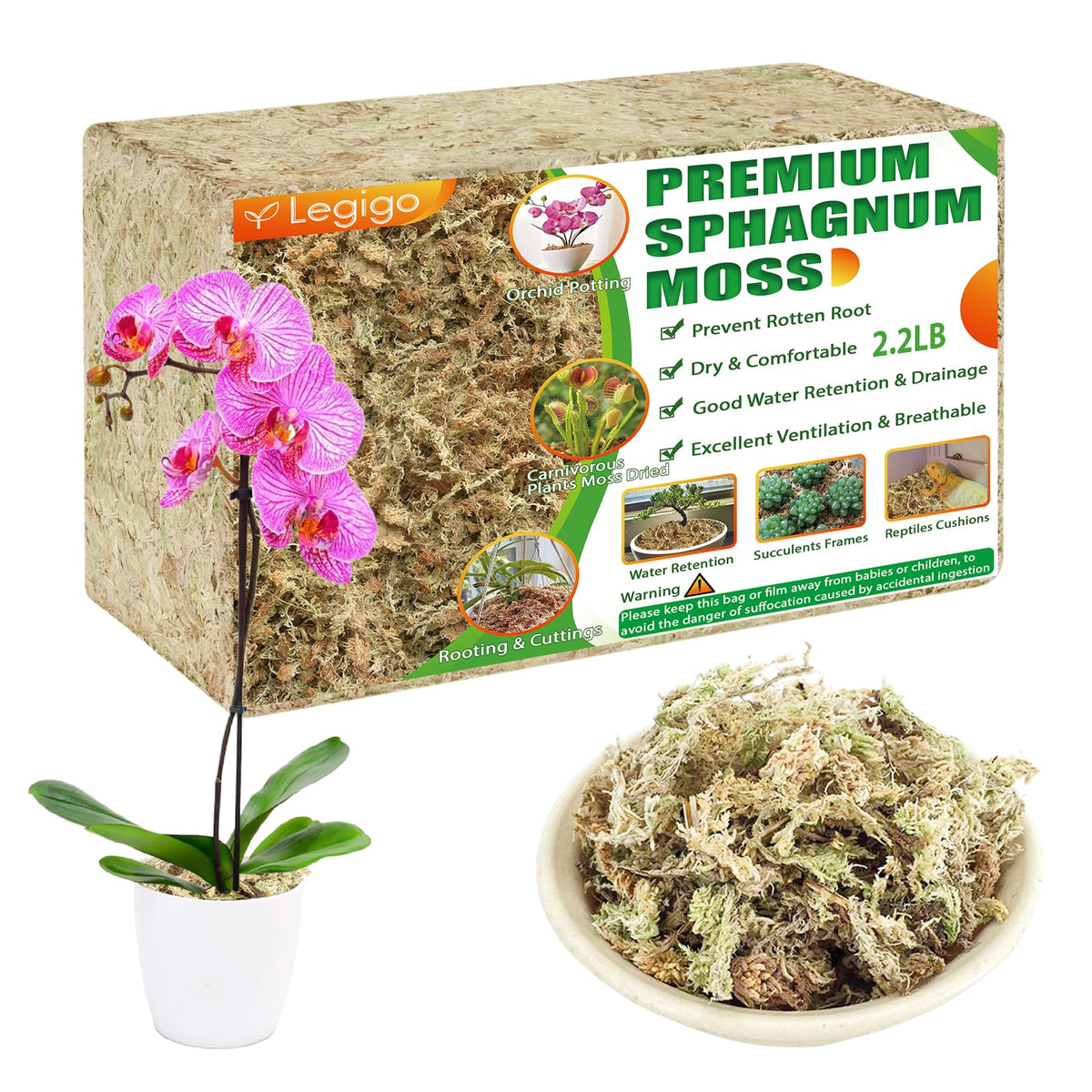 Legigo front packaging showing 40QT moss and clear product benefit