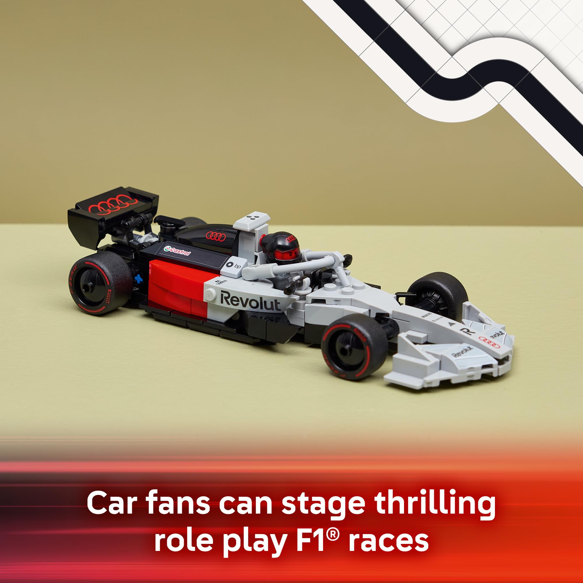 LEGO Audi Revolut F1 cabina con minifigura en posición de conducción