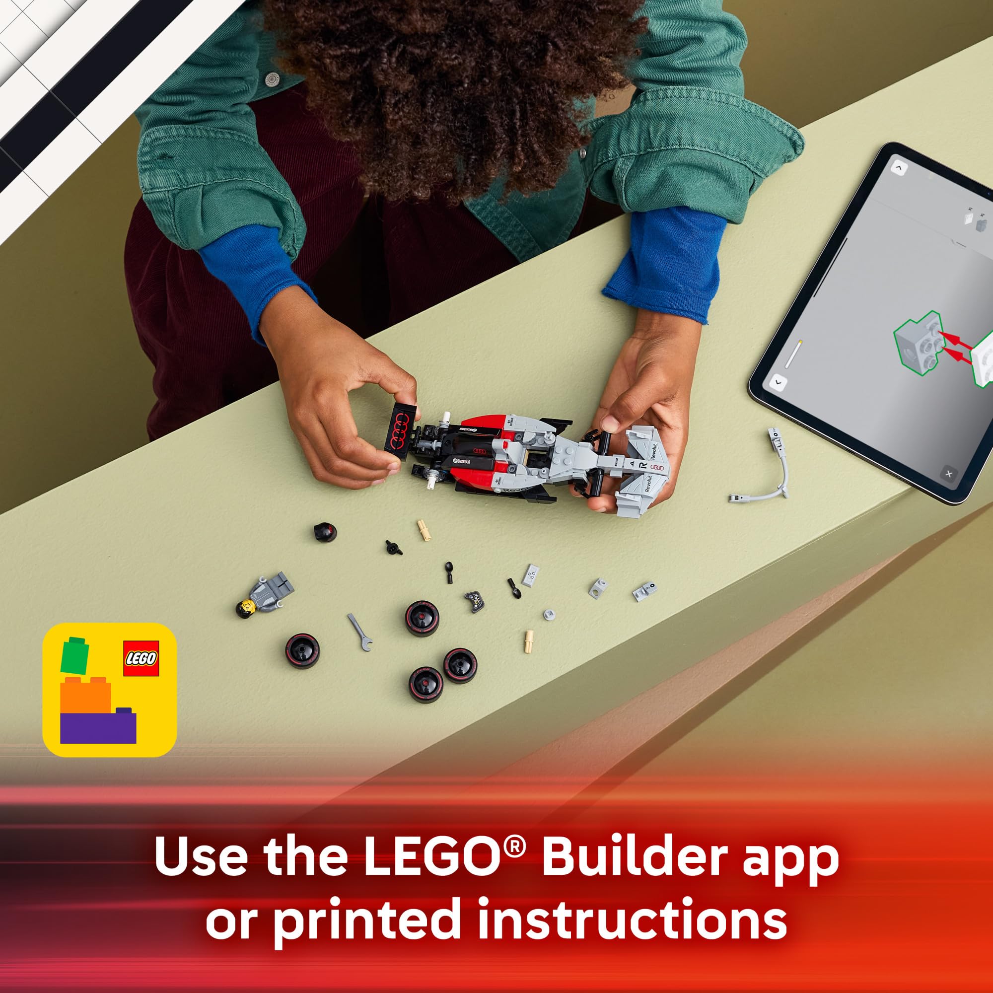 LEGO Audi Revolut F1 piezas y pantalla de la app LEGO Builder guiando la construcción