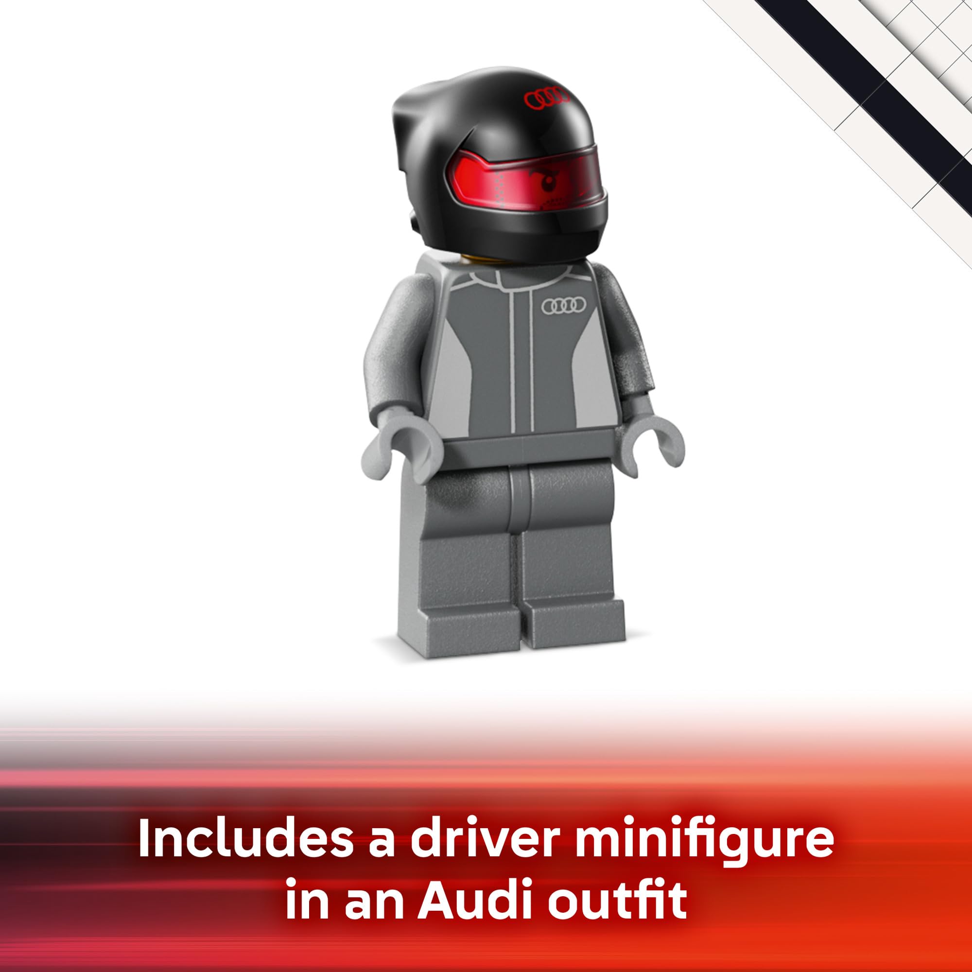 LEGO Audi Revolut F1 escala junto a objetos para comparar tamaño y decorar