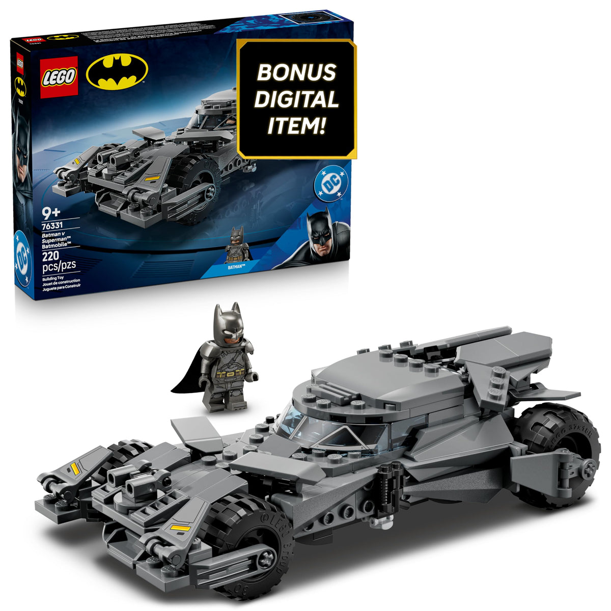 LEGO Batmobile vista frontal mostrando diseño imponente y juego