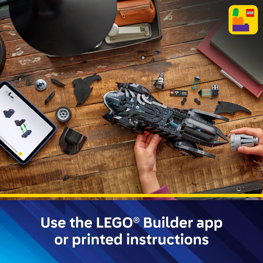 LEGO Batmobile on shelf in room setting demonstrating decorative impact