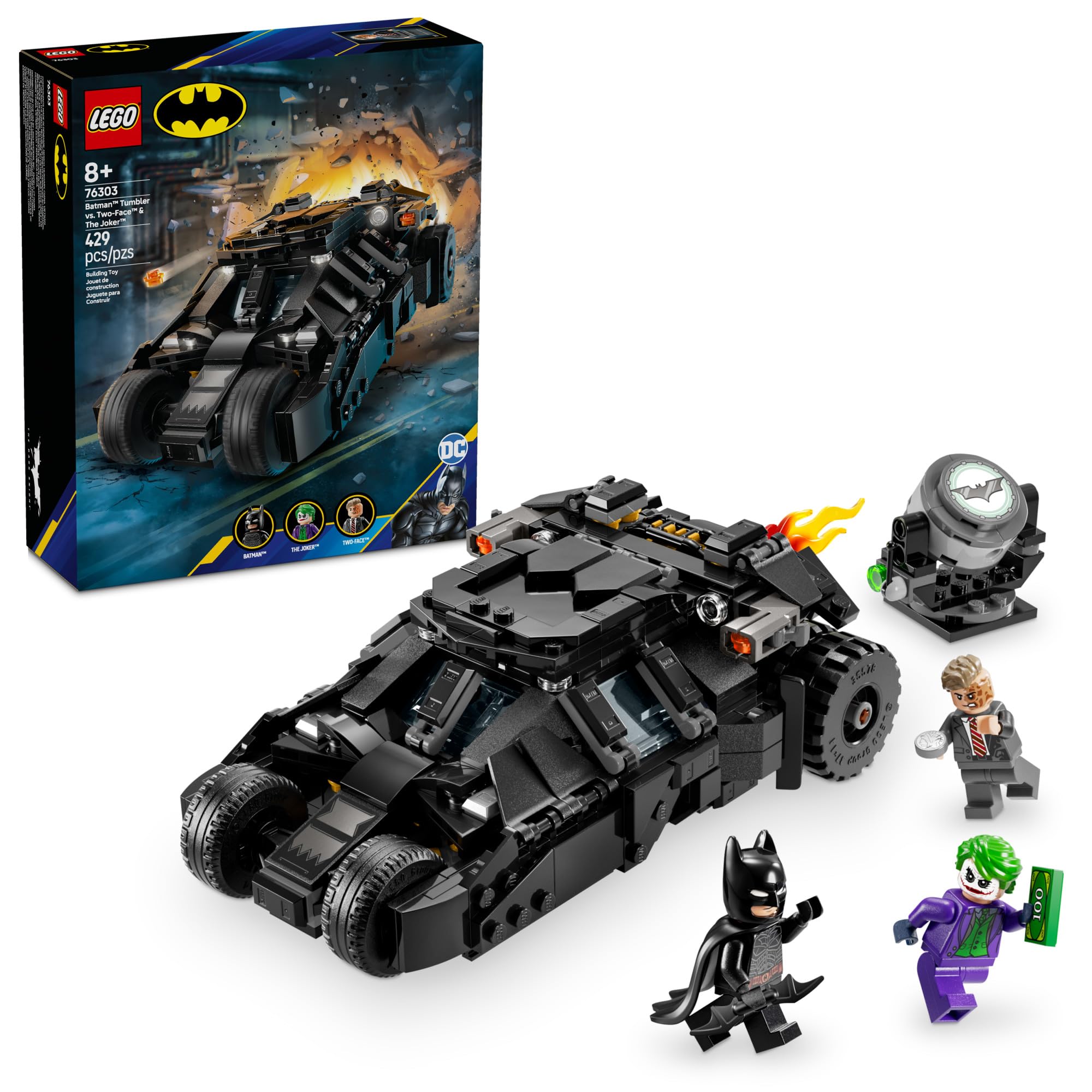 LEGO Batmobile Tumbler frontal mostrando diseño detallado y atractivo para exhibir